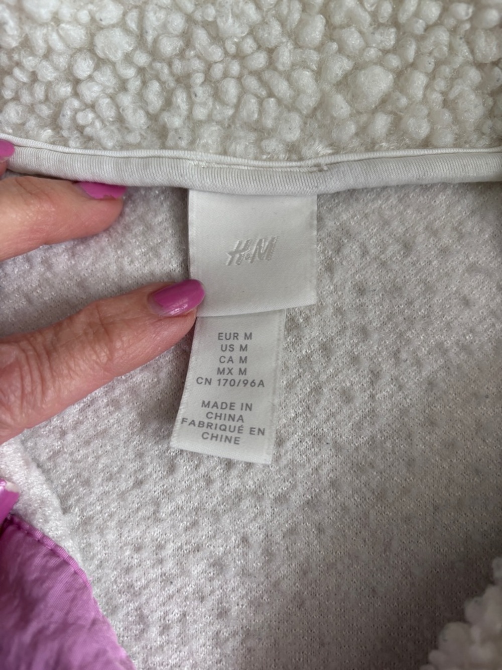 H&M Sherpa Fleece Pullover Jacket Half Snap Ivory with Pink Size M Oversized - Picture 4 of 8